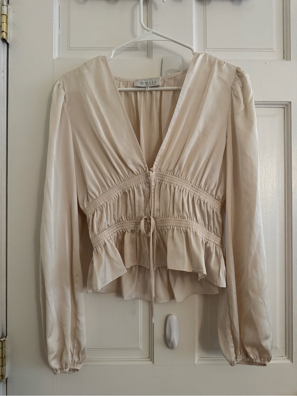 Wayf Cream V-Neck Gathered Peplum Blouse